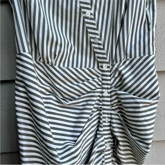 Veronica Beard Ruched Striped Shirtdress White & Olive Green Size 8 - Picture 10 of 13